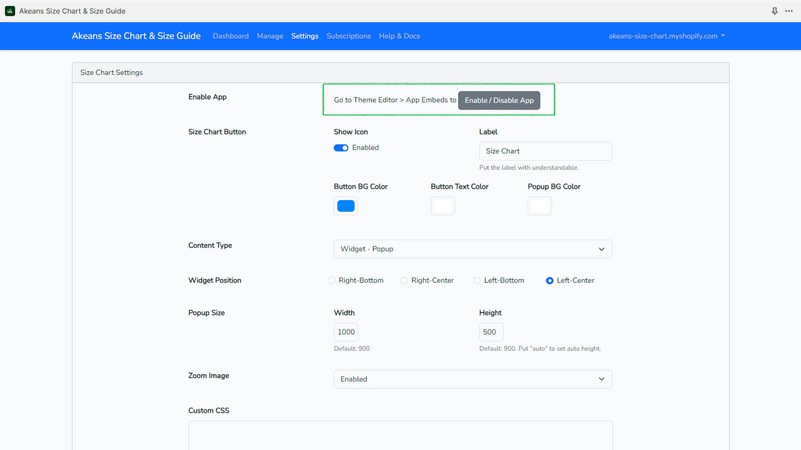 Configuraciones de Easy Size Chart