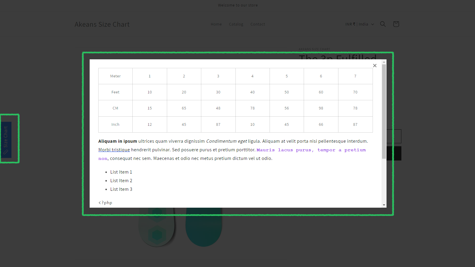 Popup Easy Size Chart