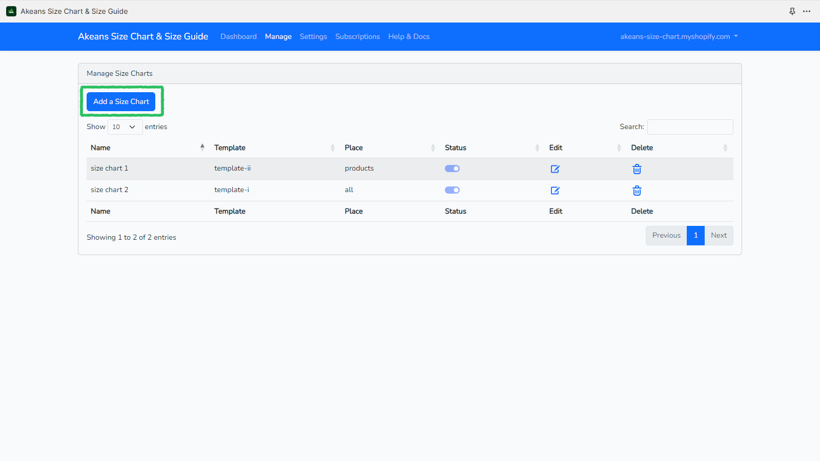 Easy Size Chart Manage Fields