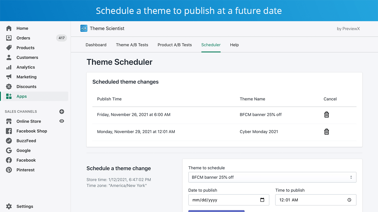 Schedule a theme to publish in the future at a specific time