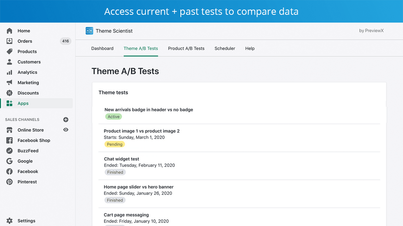 Access current and past A/B tests and compare results