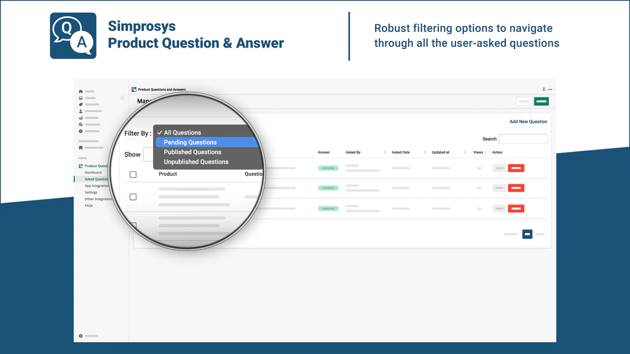 Options de filtrage des questions - Simprosys Product Question & Answer