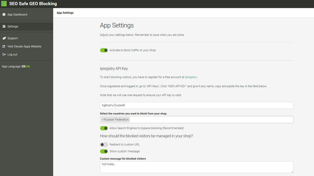 Settings page (in English)