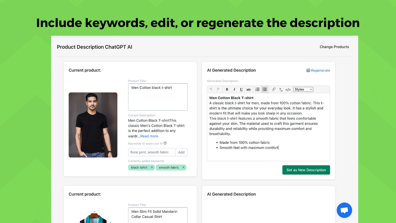 include custom keyords, edit and regenerate descriptions