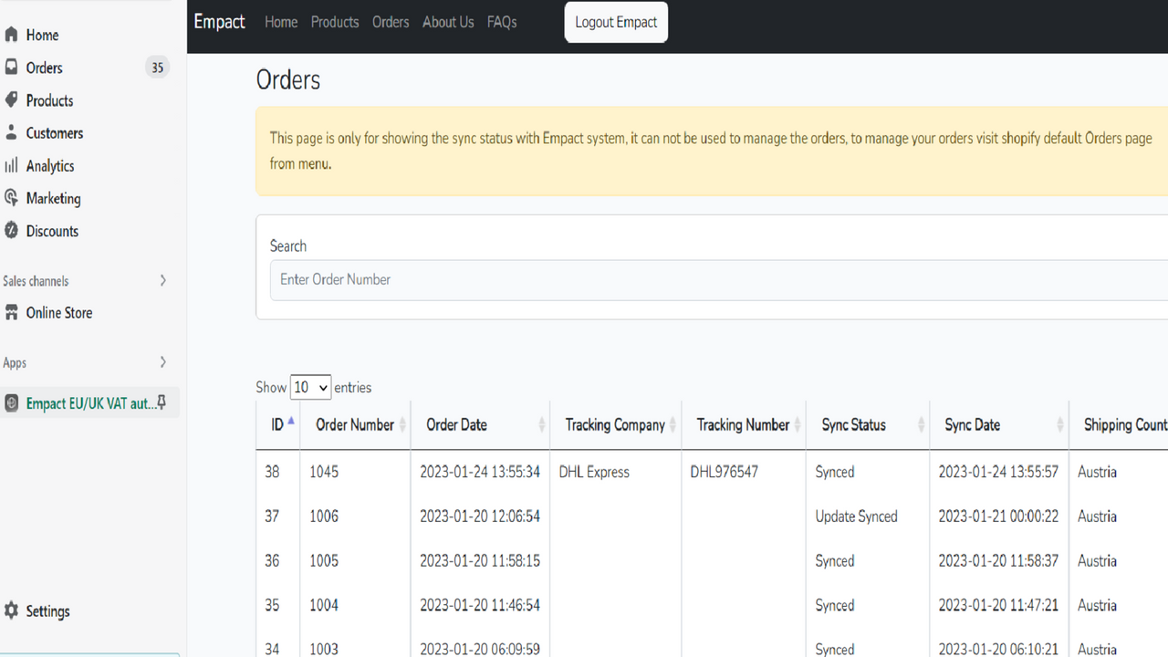 Orders Sync Status List