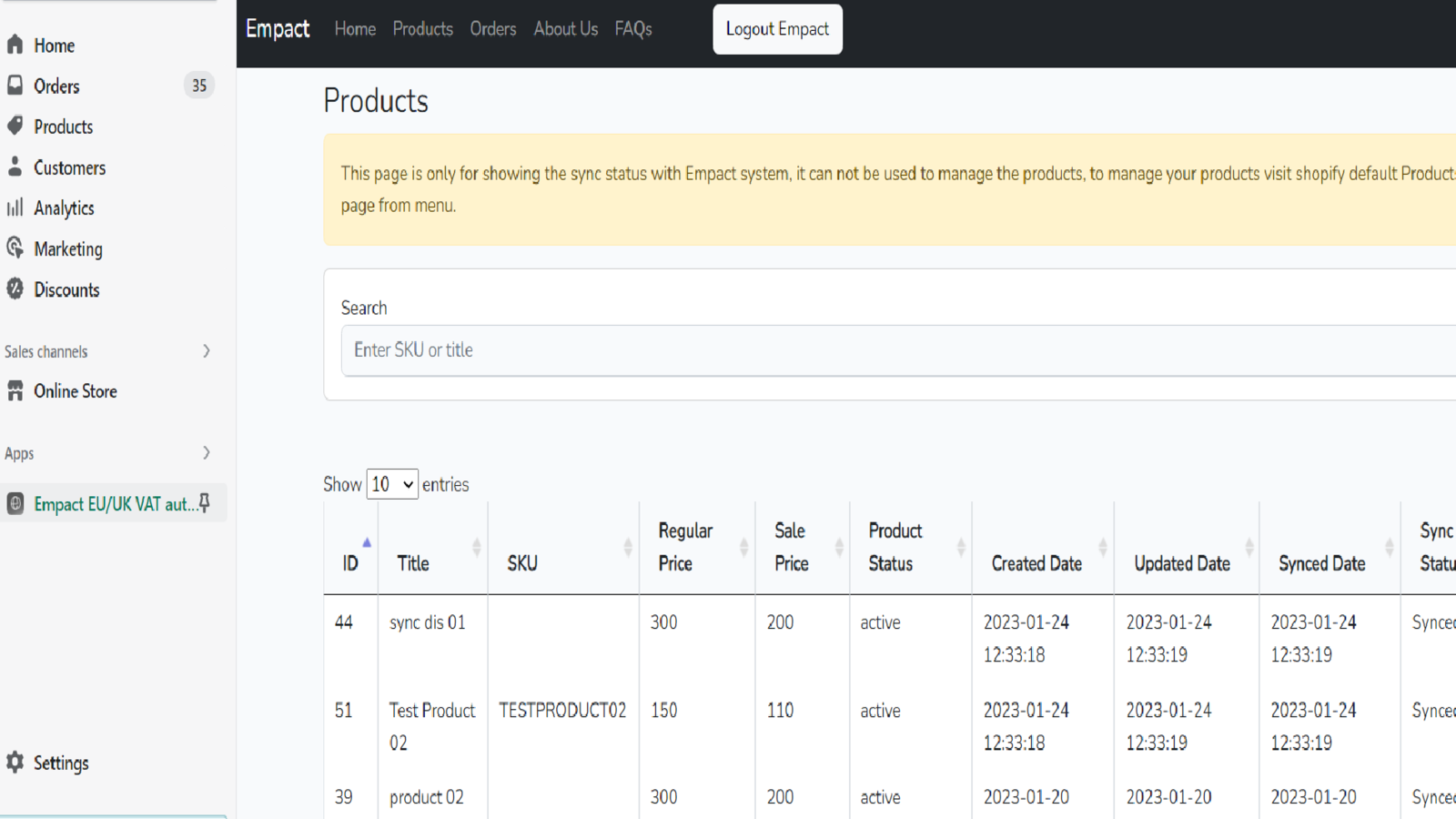 Produkter Sync Status Liste