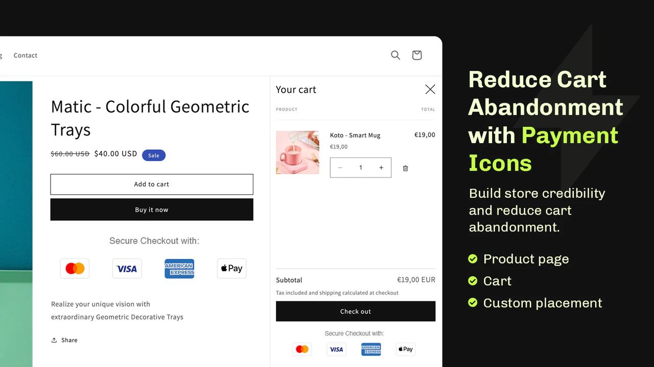 Shopify-Zahlungsicons auf Produktseite und Warenkorb, die den Verkauf steigern