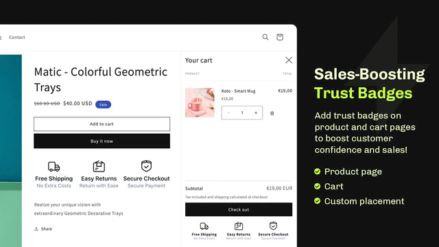 Badges de confiance Shopify sur la page produit et le panier qui boostent les ventes