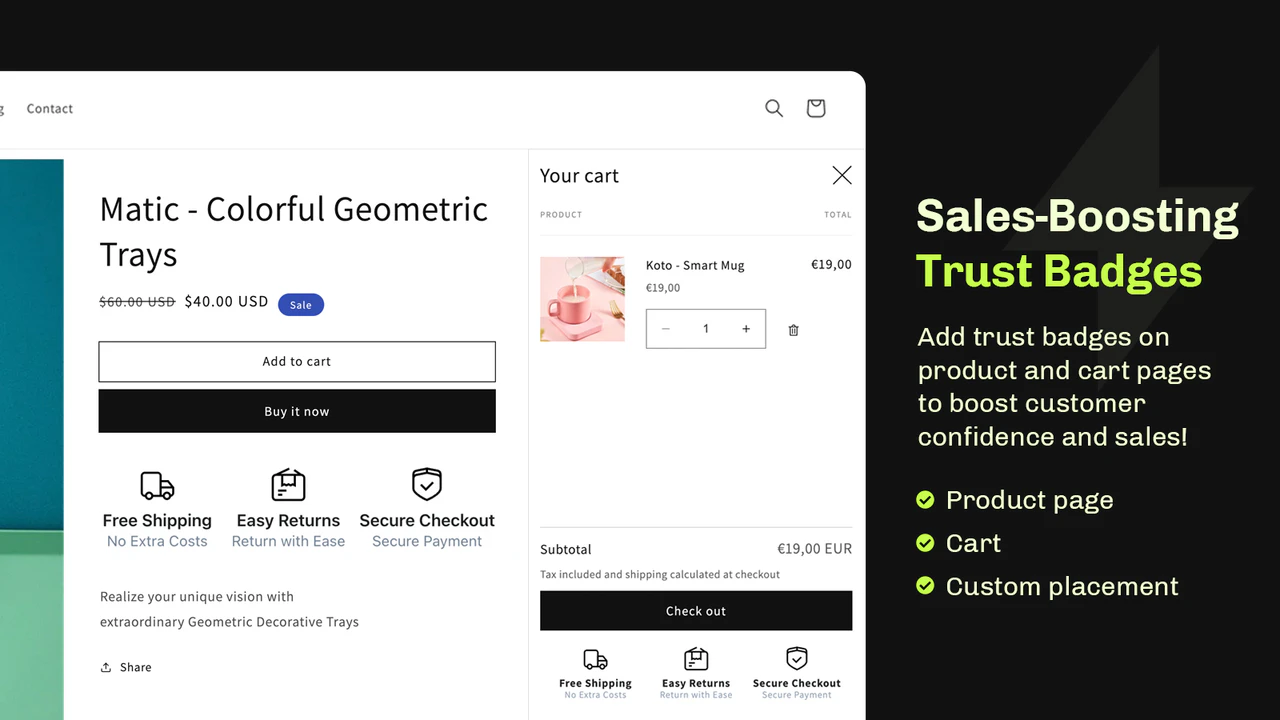 Shopify trust badges on product page and cart that boosts sales