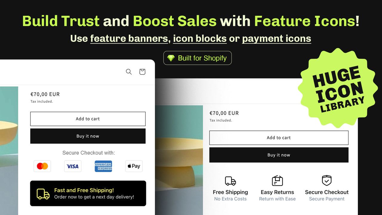 Boost Shopify sales with trust badges, feature icons and baners