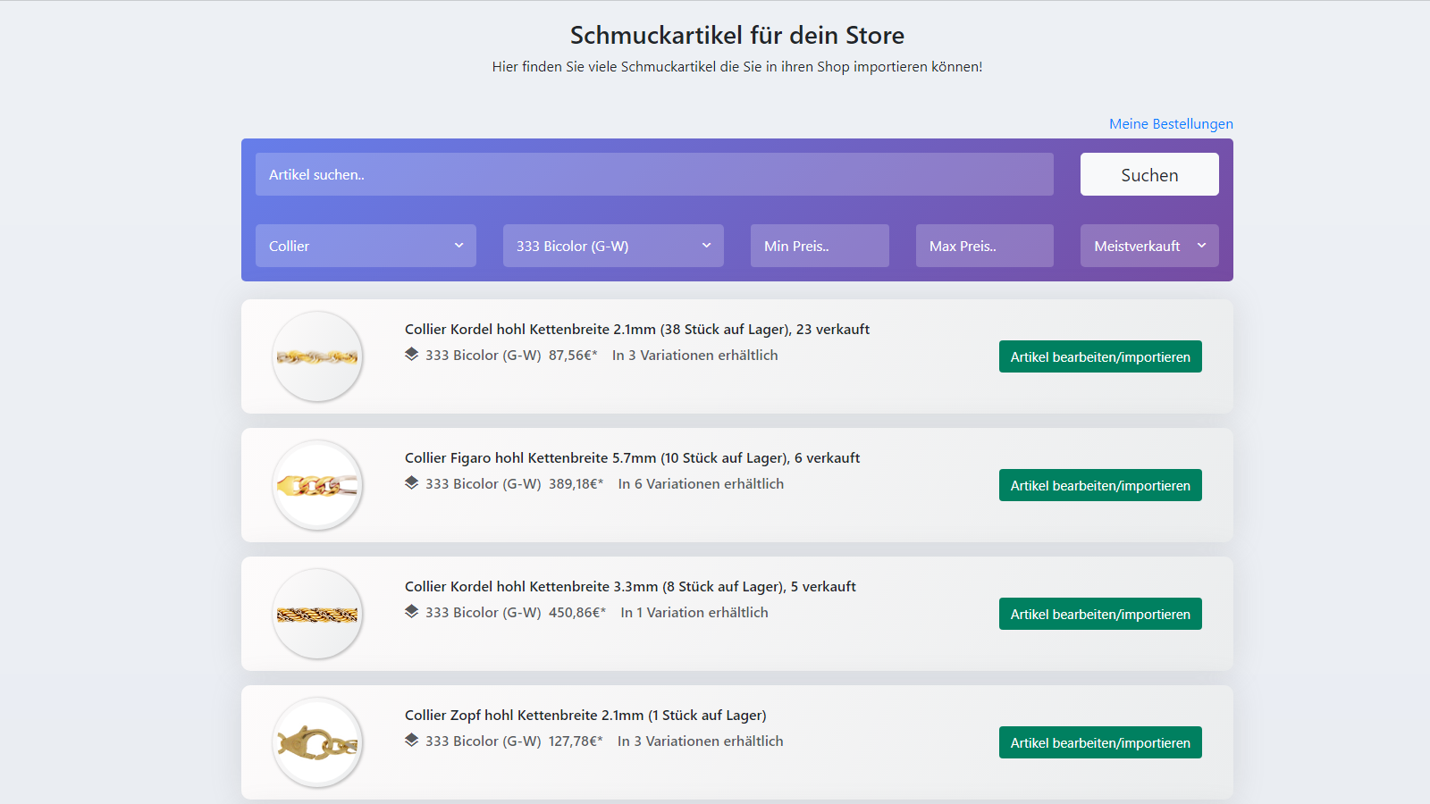 Dropshipping Datenbank für Schmuckartikel