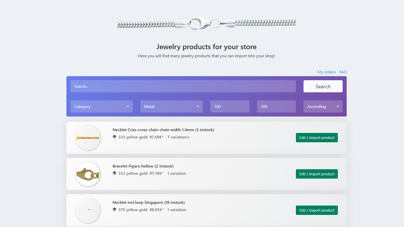 base de datos de productos de joyería para shopify