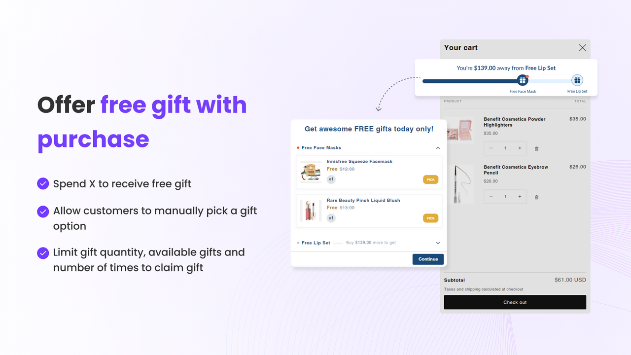 offrir un cadeau gratuit à l'achat dans le panier pour l'upsell