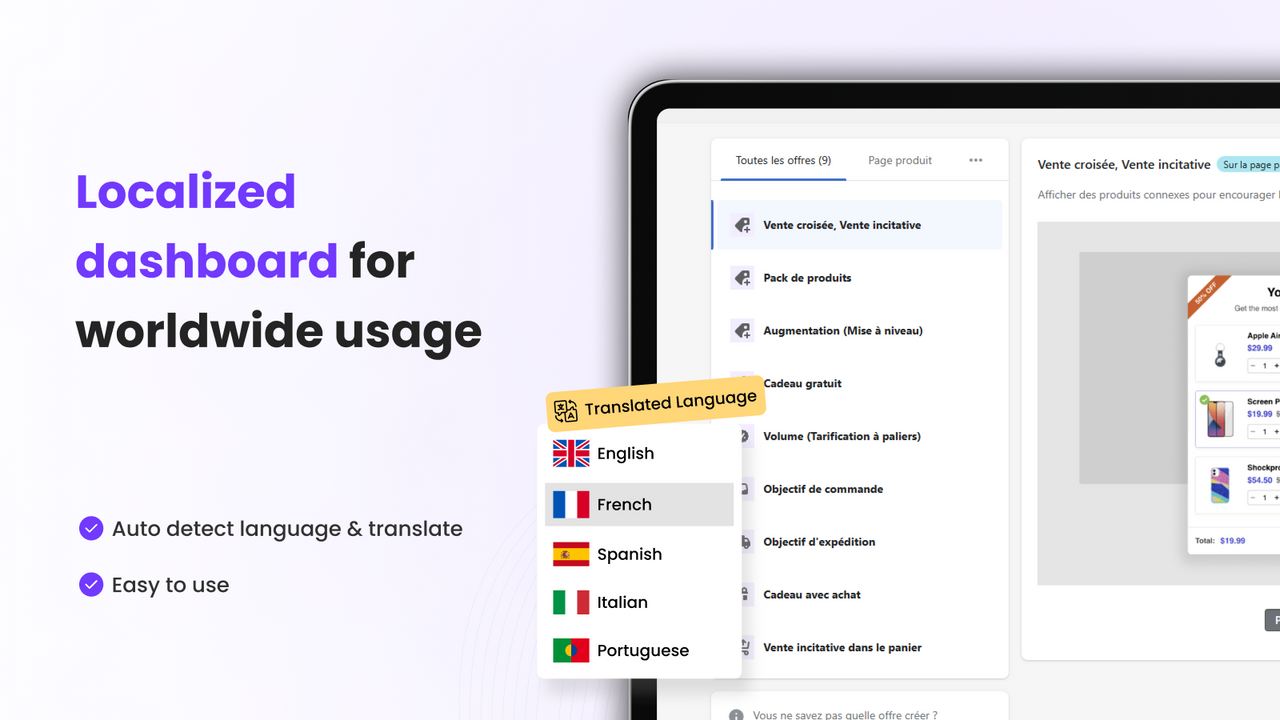 Tableau de bord intuitif avec paramètres d'upsell en langue locale