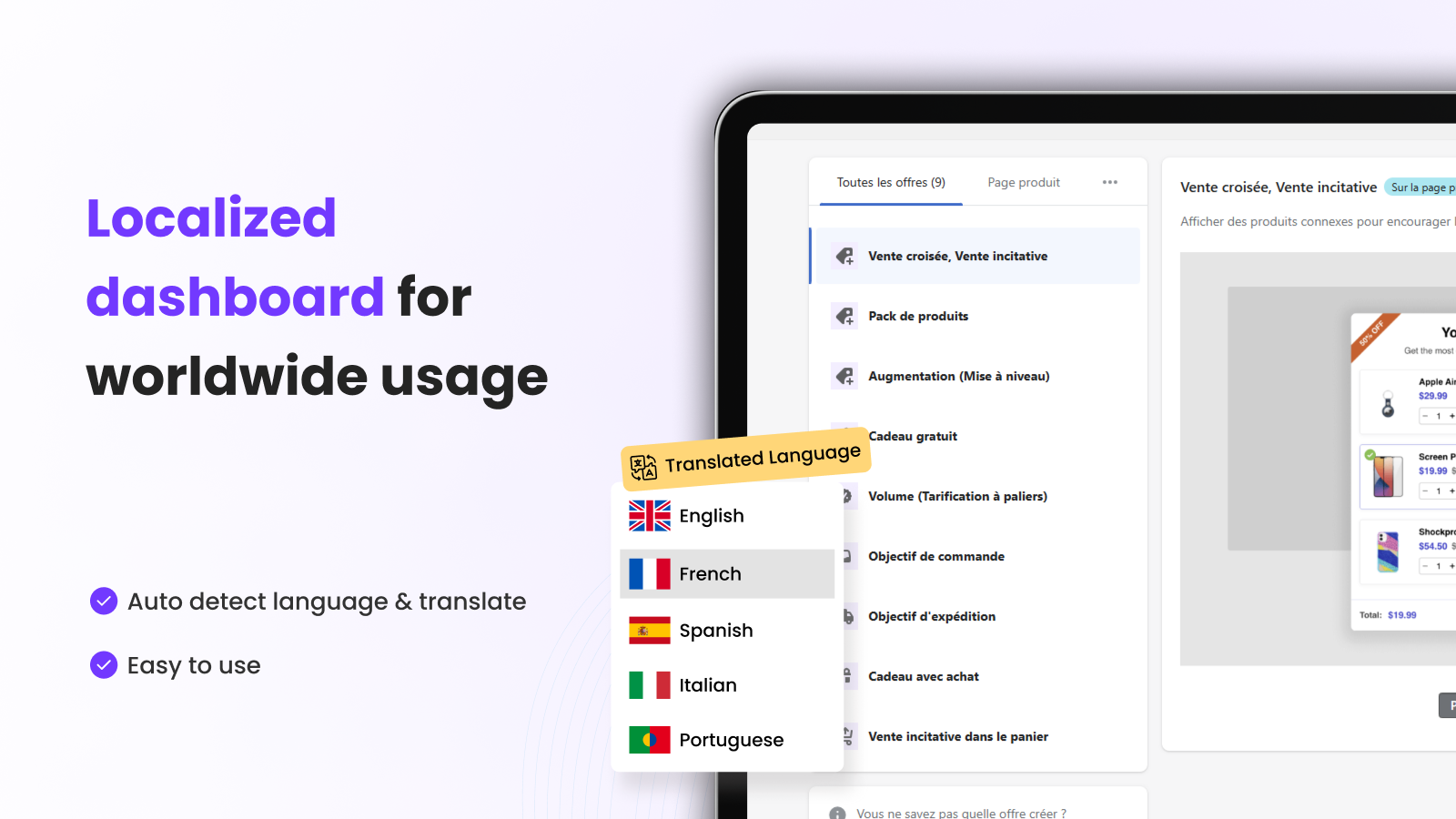 Tableau de bord intuitif avec paramètres d'upsell en langue locale