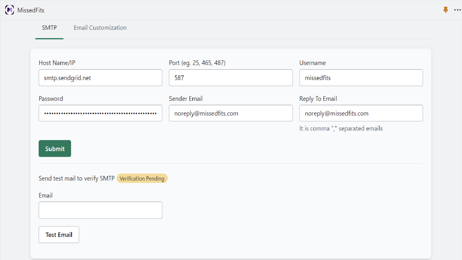 As configurações SMTP precisam ser adicionadas no aplicativo incorporado para envio de e-mail