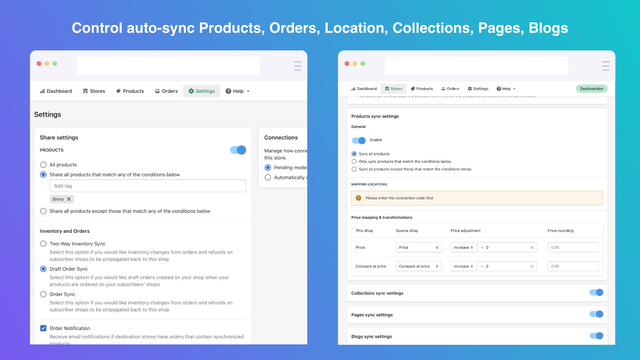 Shopify Multi store sync - Auto order, blog, page, Products