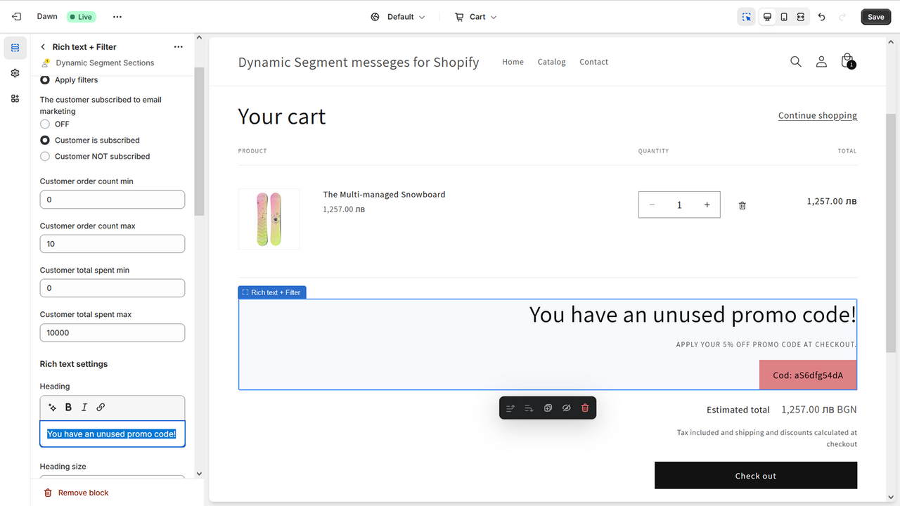 Dynamic Segment Sections - rich text in shopping cart
