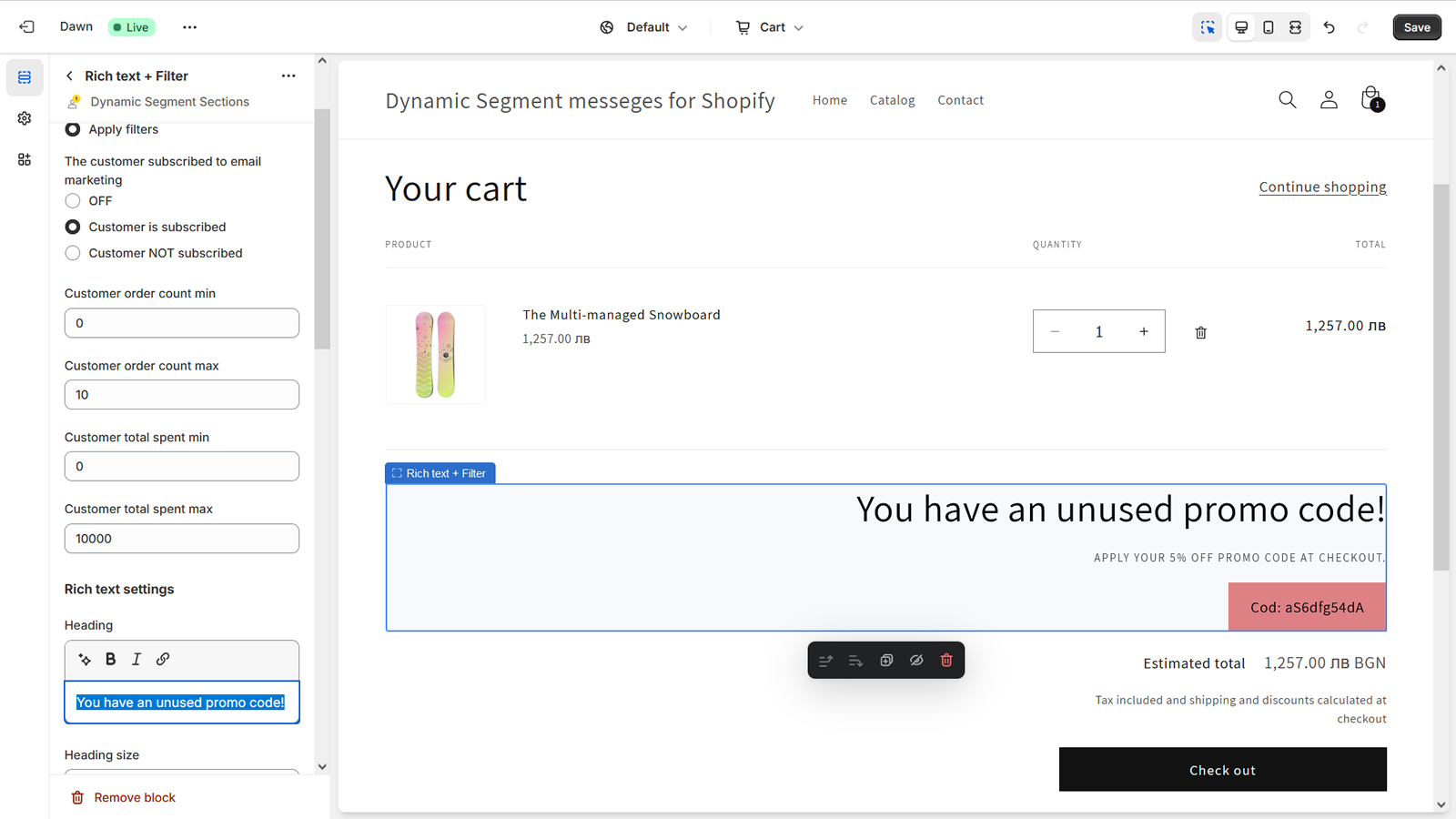 Dynamic Segment Sections - rig tekst i indkøbskurv