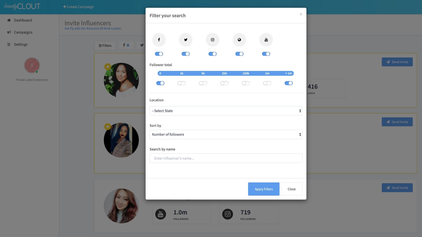 Quickly filter based on influencer following, location, and more