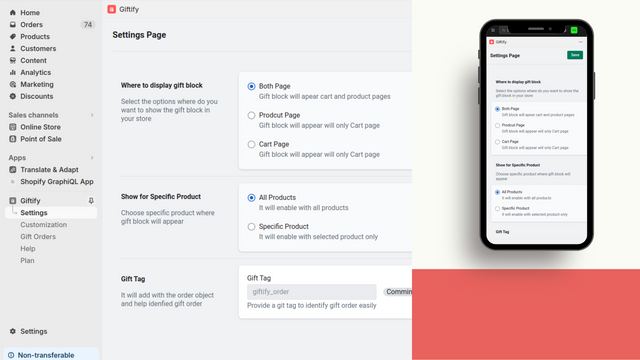 Página de configuración de Giftify