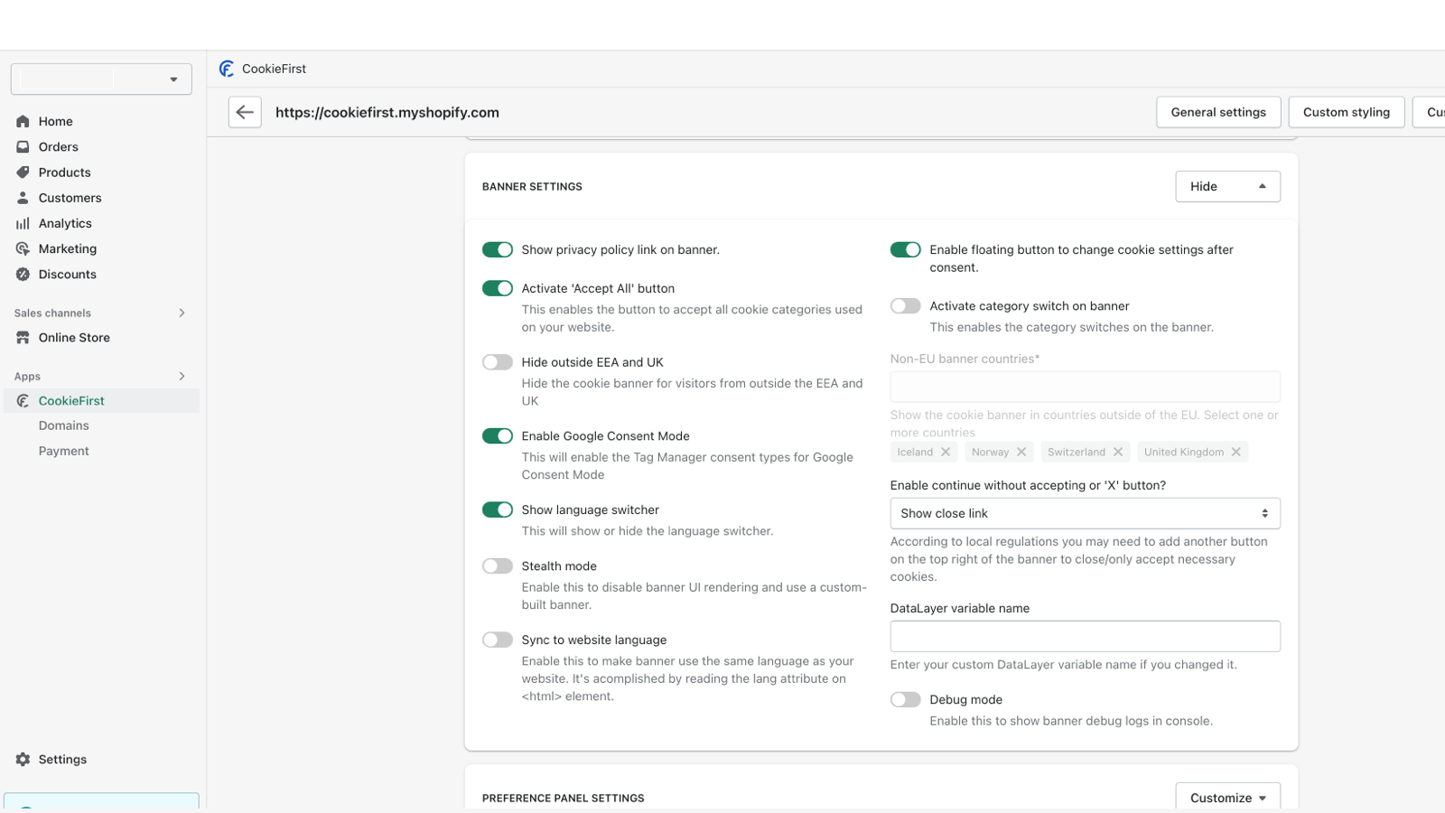 Cookie banner settings