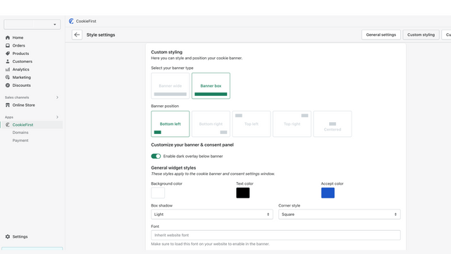 Configuración de la posición del banner de cookies