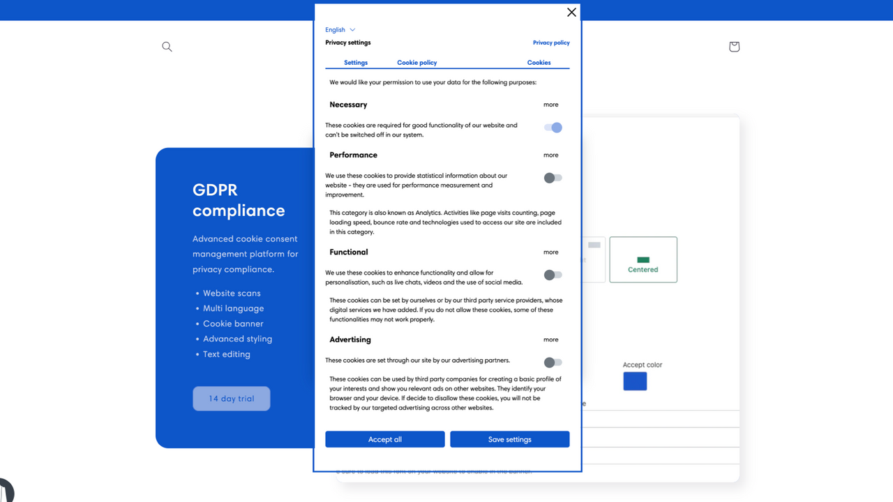 Pantalla de configuración del banner de cookies