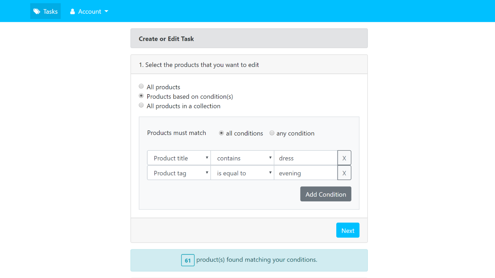 Configure os critérios do produto