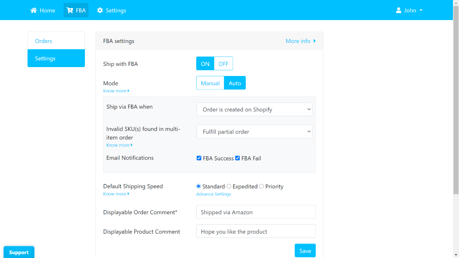 Configuraciones de FBA