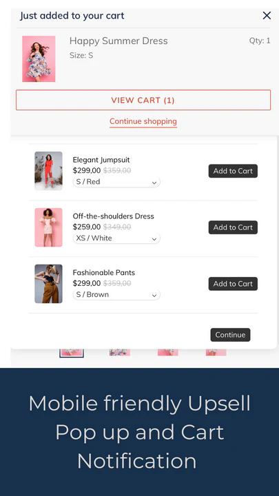 Upsell pop up and cart notification 