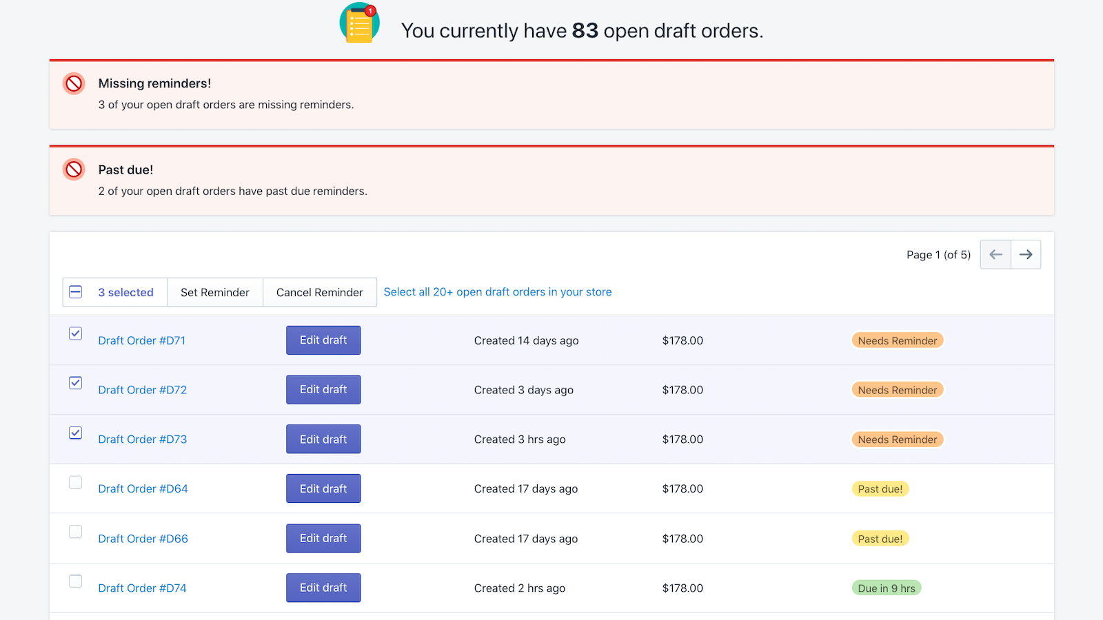 Draft order due date summary