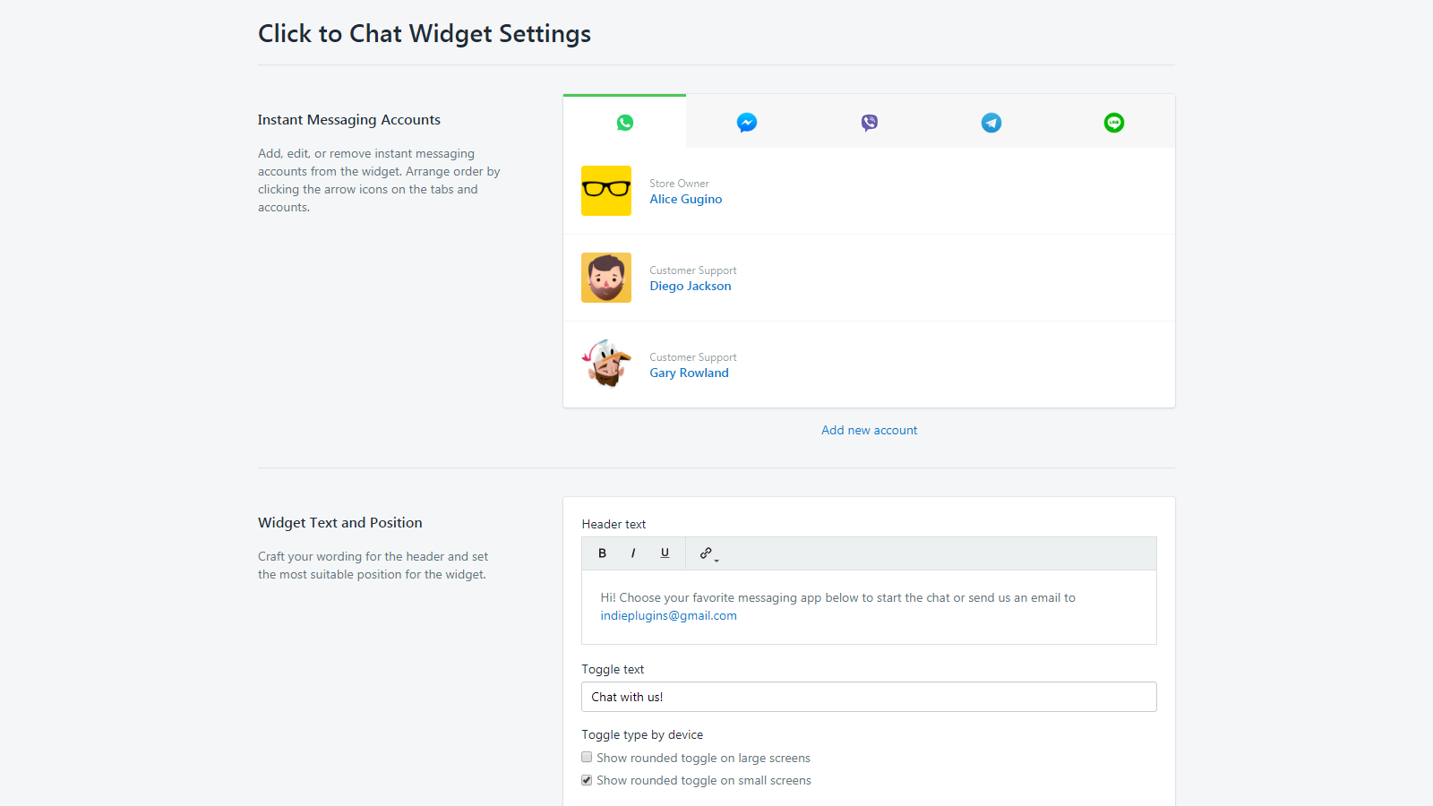 Paramètres du Widget Click2Chat