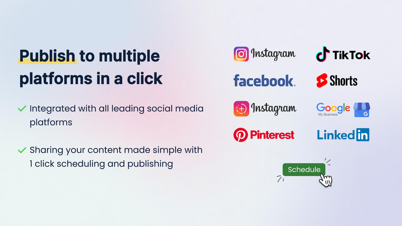 publish & auto post to Instagram, FB, TikTok, Pinterest, Google