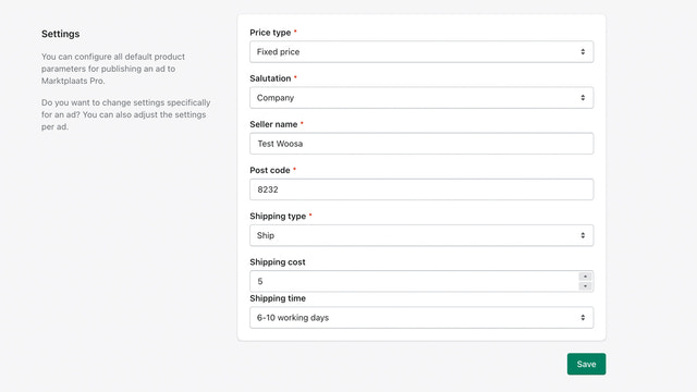 Configureer alle Marktplaats Pro parameters in de instellingen