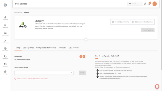 Page du connecteur Shopify de Datachannel.