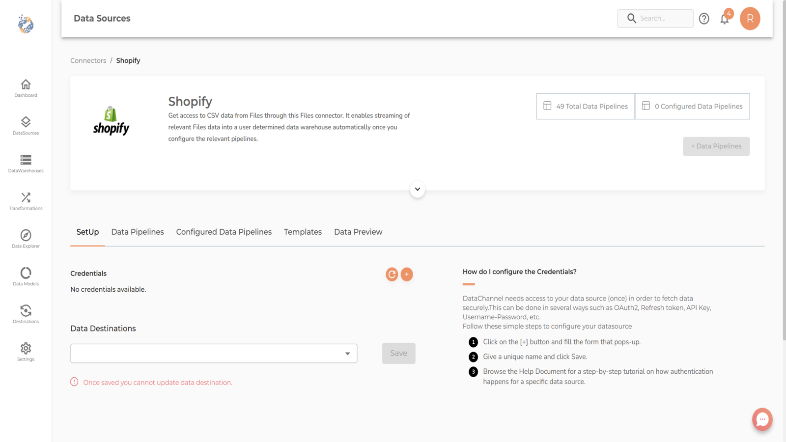 Página do conector Shopify do Datachannel.