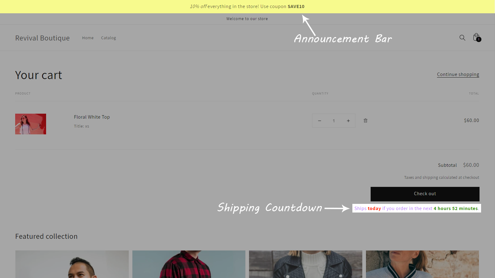 Shopify Shipping Cutoff and Announcement Bar Cart Page