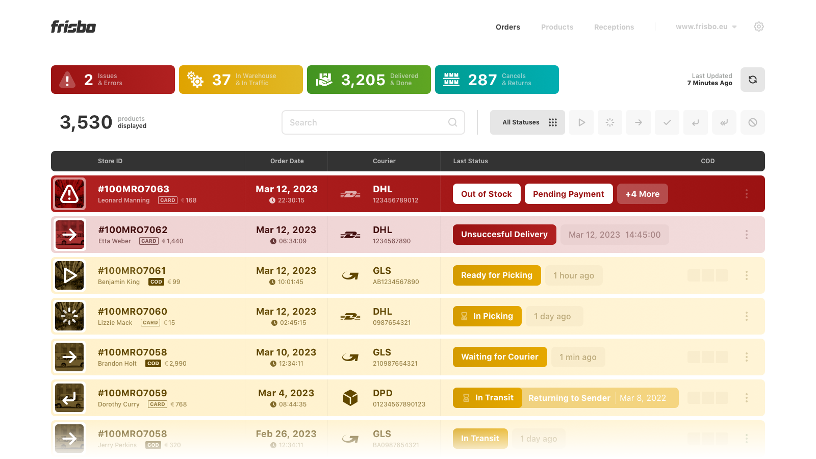 Synchronisation et suivi des commandes, statut des commandes, COD et statut du coursier