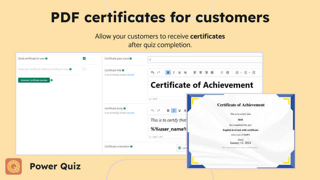 Genera certificados para los clientes con la aplicación Power Quiz de Shopify