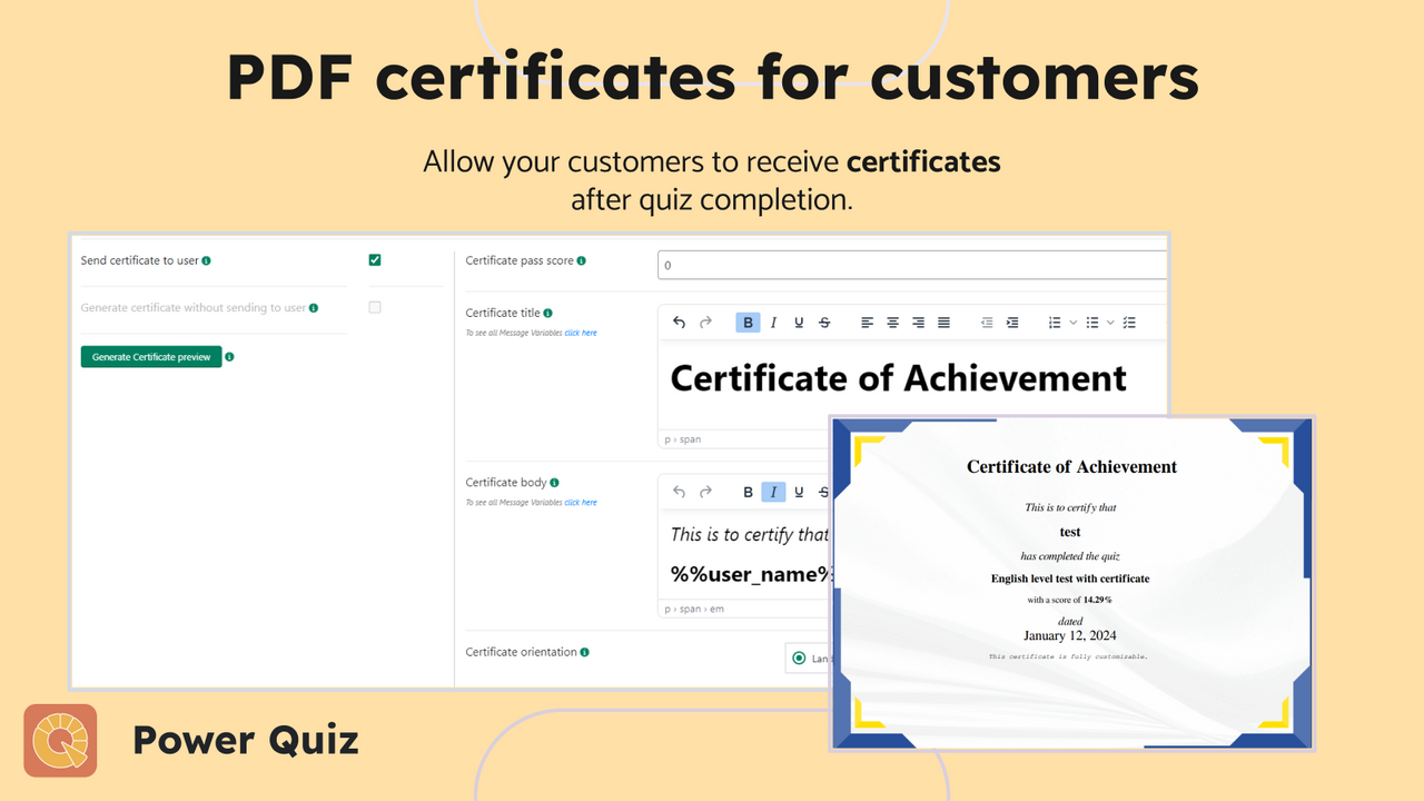 Generate certificates for customers with Power Quiz Shopify app