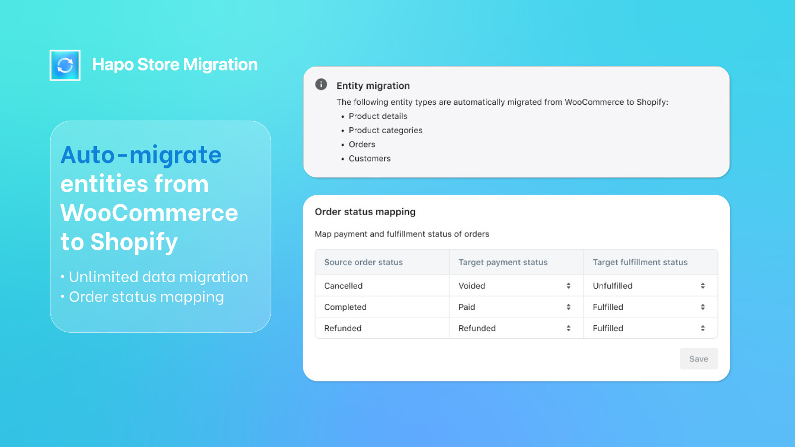 Migração automática de entidades do WooCommerce para Shopify