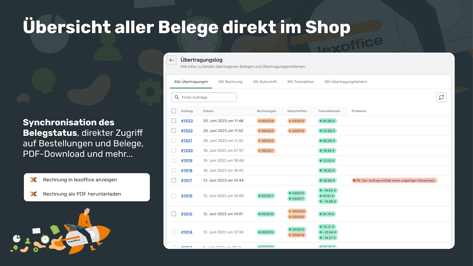 lexoffice buchhaltung integration shopify übertragungslog