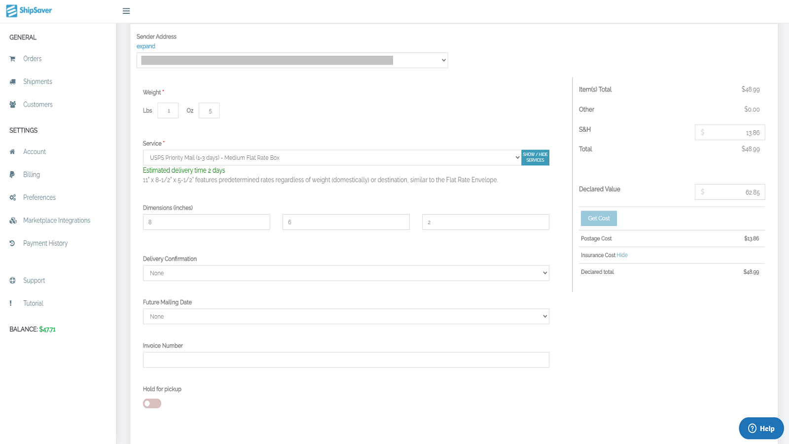 Shipping Labels & Insurance Screenshot