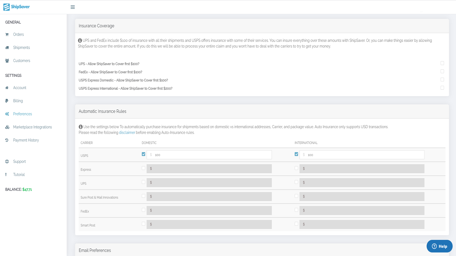 Shipping Labels & Insurance Screenshot