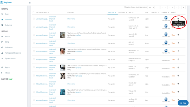 Shipping Labels & Insurance Screenshot