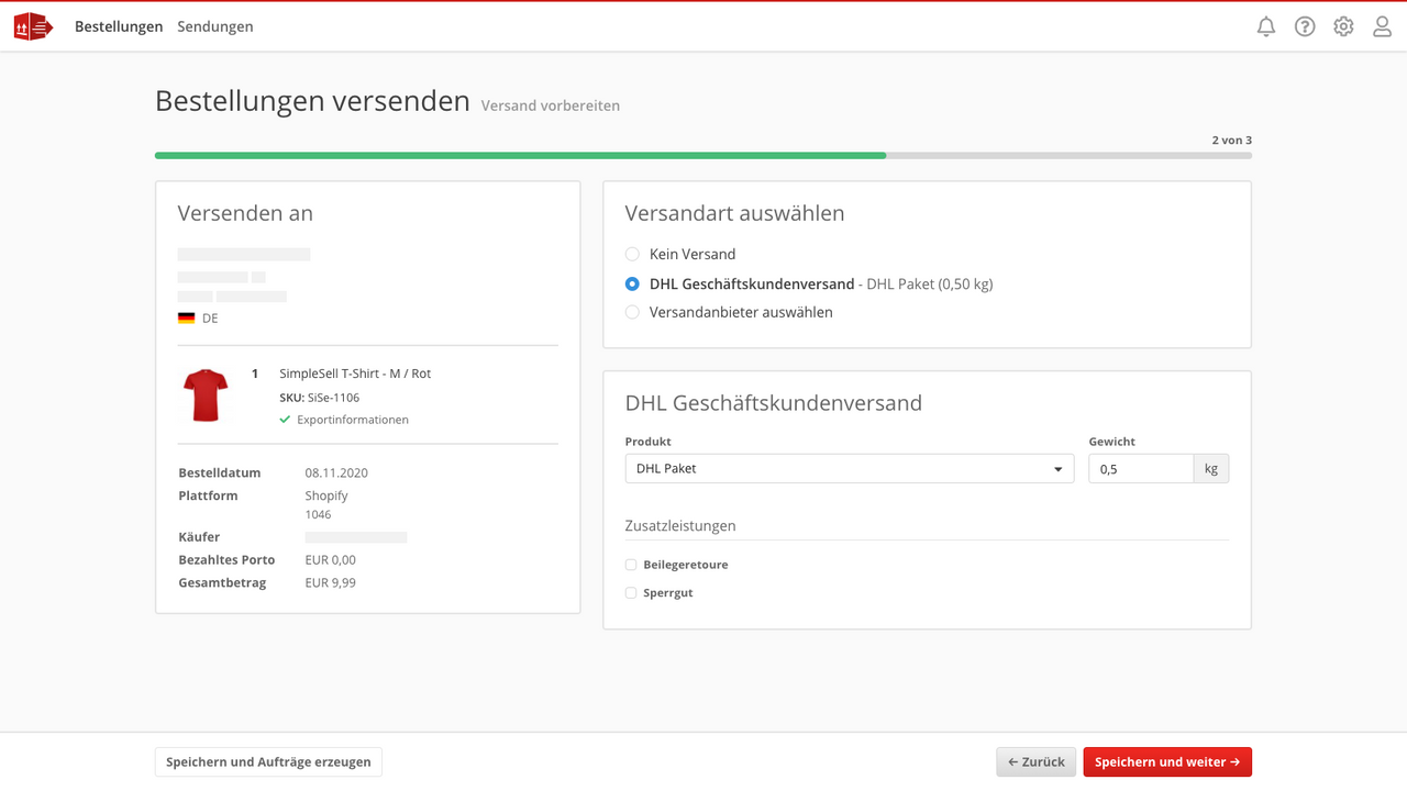 Versandarten in einem geführten Prozess auswählen