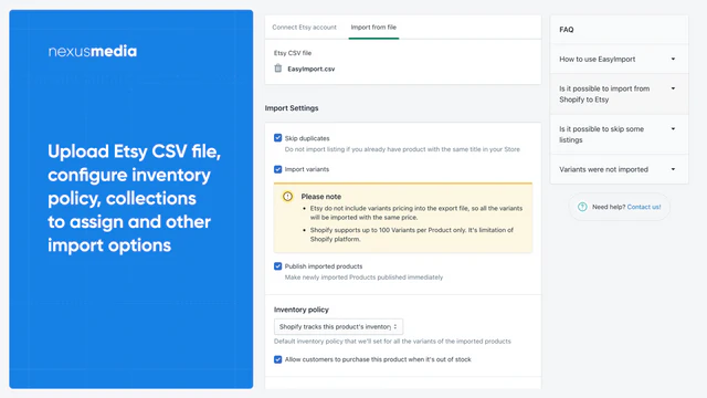 Suba el archivo CSV de Etsy y configure su importación