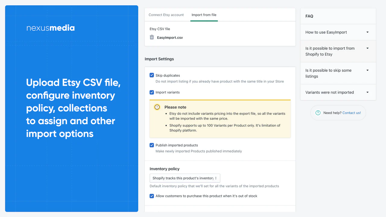 Faça upload do arquivo CSV do Etsy e configure sua importação