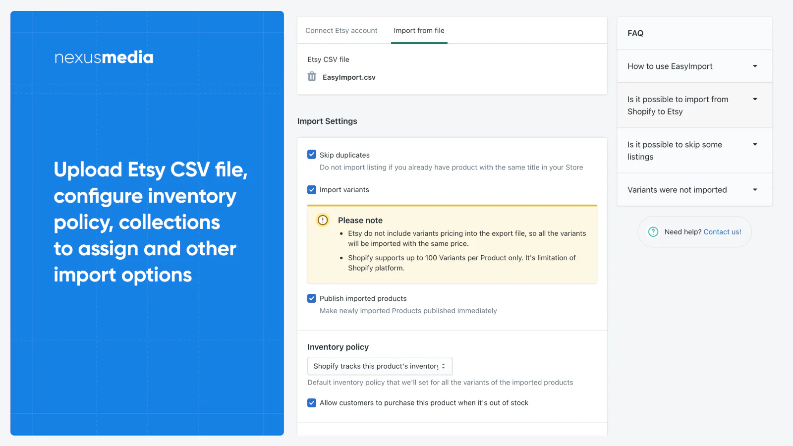 Upload Etsy CSV-fil og konfigurer din import